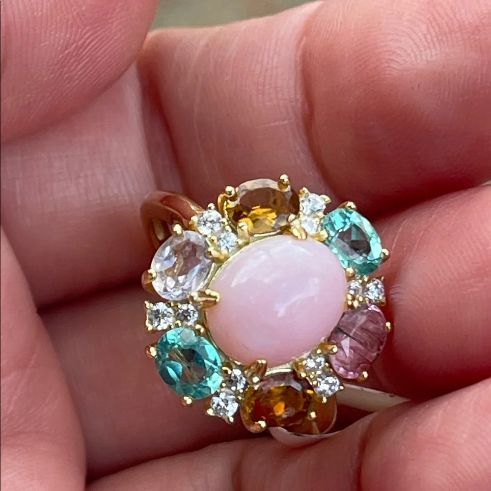 18k Gold Plated over 925 Sterling Silver Pink Opal & Tourmaline Ring Size 7.5